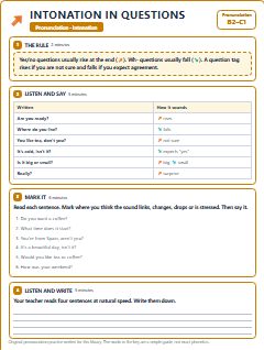 First page of Intonation in Questions, B2 phonics sheet