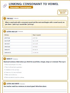 First page of Linking: Consonant to Vowel, B2 phonics sheet