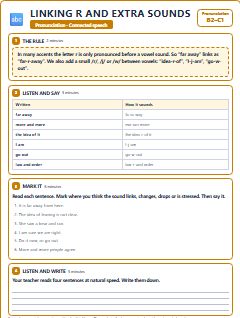 First page of Linking R and Extra Sounds, B2 phonics sheet