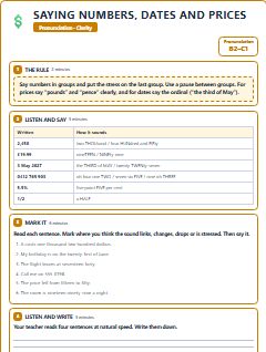 First page of Saying Numbers, Dates and Prices, B2 phonics sheet
