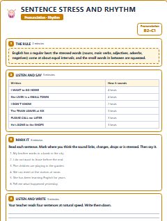First page of Sentence Stress and Rhythm, B2 phonics sheet