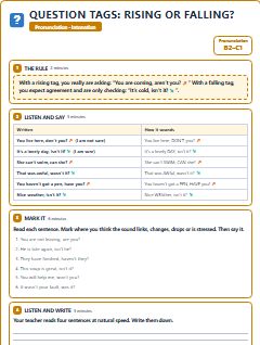 First page of Question Tags: Rising or Falling?, B2 phonics sheet