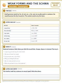 First page of Weak Forms and the Schwa, B2 phonics sheet