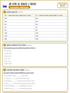 First page of Minimal Pairs: æ or e: bad / bed, B2 phonics sheet