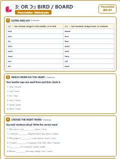 First page of Minimal Pairs: ɜː or ɔː: bird / board, B2 phonics sheet
