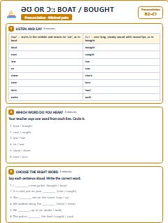 First page of Minimal Pairs: əʊ or ɔː: boat / bought, B2 phonics sheet