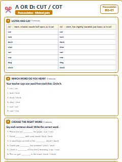 First page of Minimal Pairs: ʌ or ɒ: cut / cot, B2 phonics sheet
