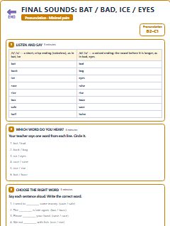 First page of Minimal Pairs: Final Sounds: bat / bad, ice / eyes, B2 phonics sheet