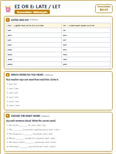First page of Minimal Pairs: eɪ or e: late / let, B2 phonics sheet