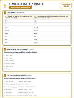 First page of Minimal Pairs: l or r: light / right, B2 phonics sheet