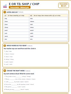 First page of Minimal Pairs: ʃ or tʃ: ship / chip, B2 phonics sheet