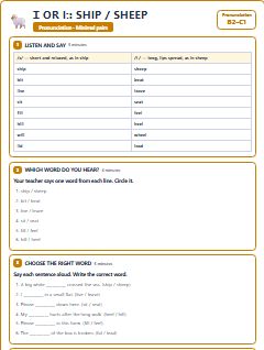 First page of Minimal Pairs: ɪ or iː: ship / sheep, B2 phonics sheet
