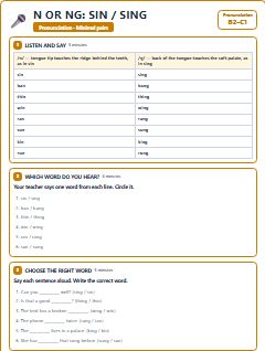 First page of Minimal Pairs: n or ng: sin / sing, B2 phonics sheet