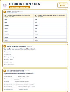 First page of Minimal Pairs: th or d: then / den, B2 phonics sheet