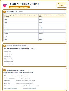 First page of Minimal Pairs: θ or s: think / sink, B2 phonics sheet
