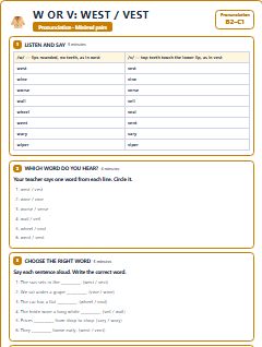 First page of Minimal Pairs: w or v: west / vest, B2 phonics sheet