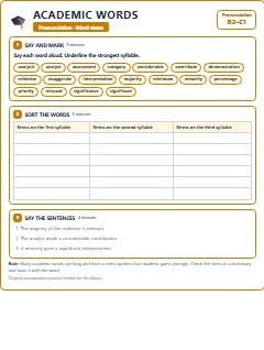 First page of Word Stress: Academic Words, B2 phonics sheet