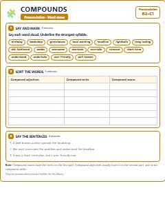 First page of Word Stress: Compounds, B2 phonics sheet