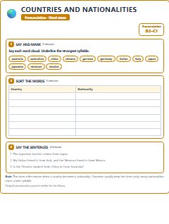 First page of Word Stress: Countries and Nationalities, B2 phonics sheet