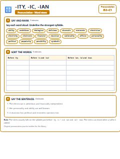 First page of Word Stress: -ity, -ic, -ian, B2 phonics sheet