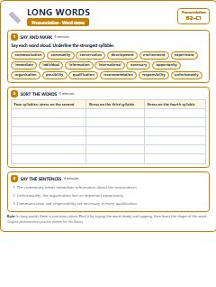 First page of Word Stress: Long Words, B2 phonics sheet