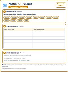 First page of Word Stress: Noun or Verb?, B2 phonics sheet