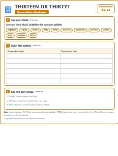 First page of Word Stress: Thirteen or Thirty?, B2 phonics sheet