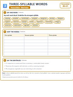 First page of Word Stress: Three-syllable Words, B2 phonics sheet