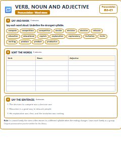 First page of Word Stress: Verb, Noun and Adjective, B2 phonics sheet