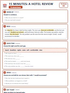 First page of 15 Minutes: A Hotel Review, A2 lesson plan