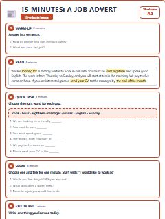 First page of 15 Minutes: A Job Advert, A2 lesson plan