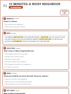 First page of 15 Minutes: A Noisy Neighbour, A2 lesson plan