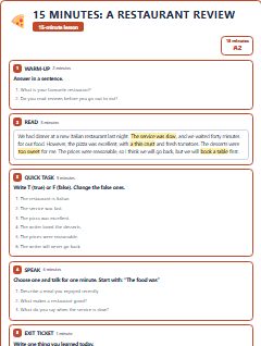 First page of 15 Minutes: A Restaurant Review, A2 lesson plan