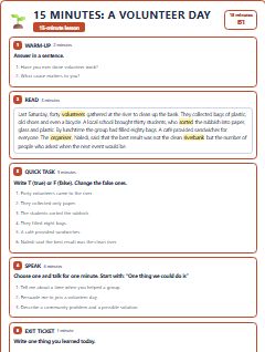First page of 15 Minutes: A Volunteer Day, B1 lesson plan