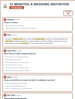 First page of 15 Minutes: A Wedding Invitation, A2 lesson plan