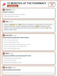 First page of 15 Minutes: At the Pharmacy, A2 lesson plan
