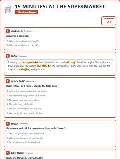 First page of 15 Minutes: At the Supermarket, A1 lesson plan
