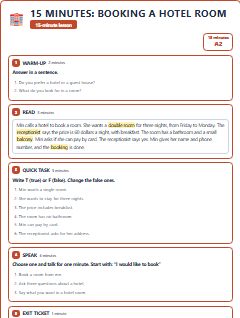First page of 15 Minutes: Booking a Hotel Room, A2 lesson plan