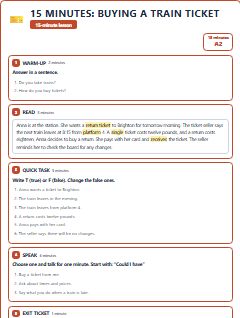 First page of 15 Minutes: Buying a Train Ticket, A2 lesson plan