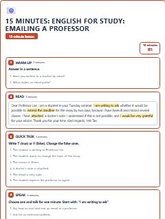 First page of 15 Minutes: English for Study: emailing a professor, B1 lesson plan