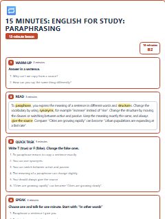 First page of 15 Minutes: English for Study: paraphrasing, B2 lesson plan