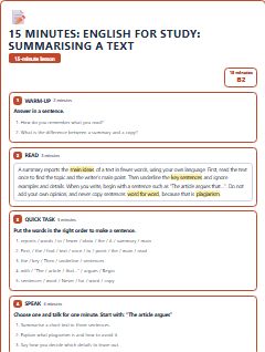 First page of 15 Minutes: English for Study: summarising a text, B2 lesson plan