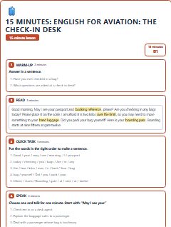 First page of 15 Minutes: English for Aviation: the check-in desk, B1 lesson plan