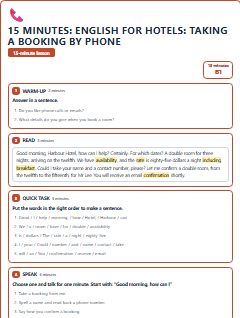 First page of 15 Minutes: English for Hotels: taking a booking by phone, B1 lesson plan