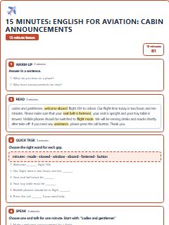 First page of 15 Minutes: English for Aviation: cabin announcements, B1 lesson plan
