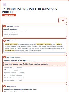 First page of 15 Minutes: English for Jobs: a CV profile, B1 lesson plan