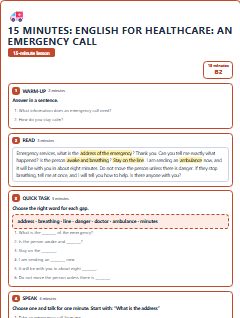 First page of 15 Minutes: English for Healthcare: an emergency call, B2 lesson plan