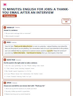 First page of 15 Minutes: English for Jobs: a thank-you email after an interview, B1 lesson plan
