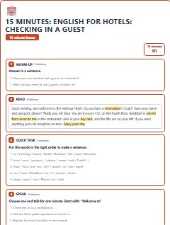 First page of 15 Minutes: English for Hotels: checking in a guest, B1 lesson plan