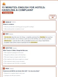 First page of 15 Minutes: English for Hotels: handling a complaint, B2 lesson plan